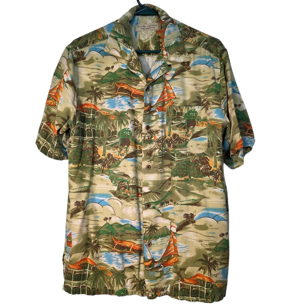 Vintage Island Republic Multicolor Tropical Silk Aloha Hawaiian Shirt L EUC